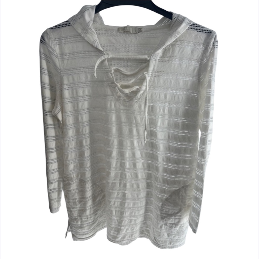 Prana Top Womens Large Brown Striped Gauzy Hooded Pullover Tie‎ Waist Pocket